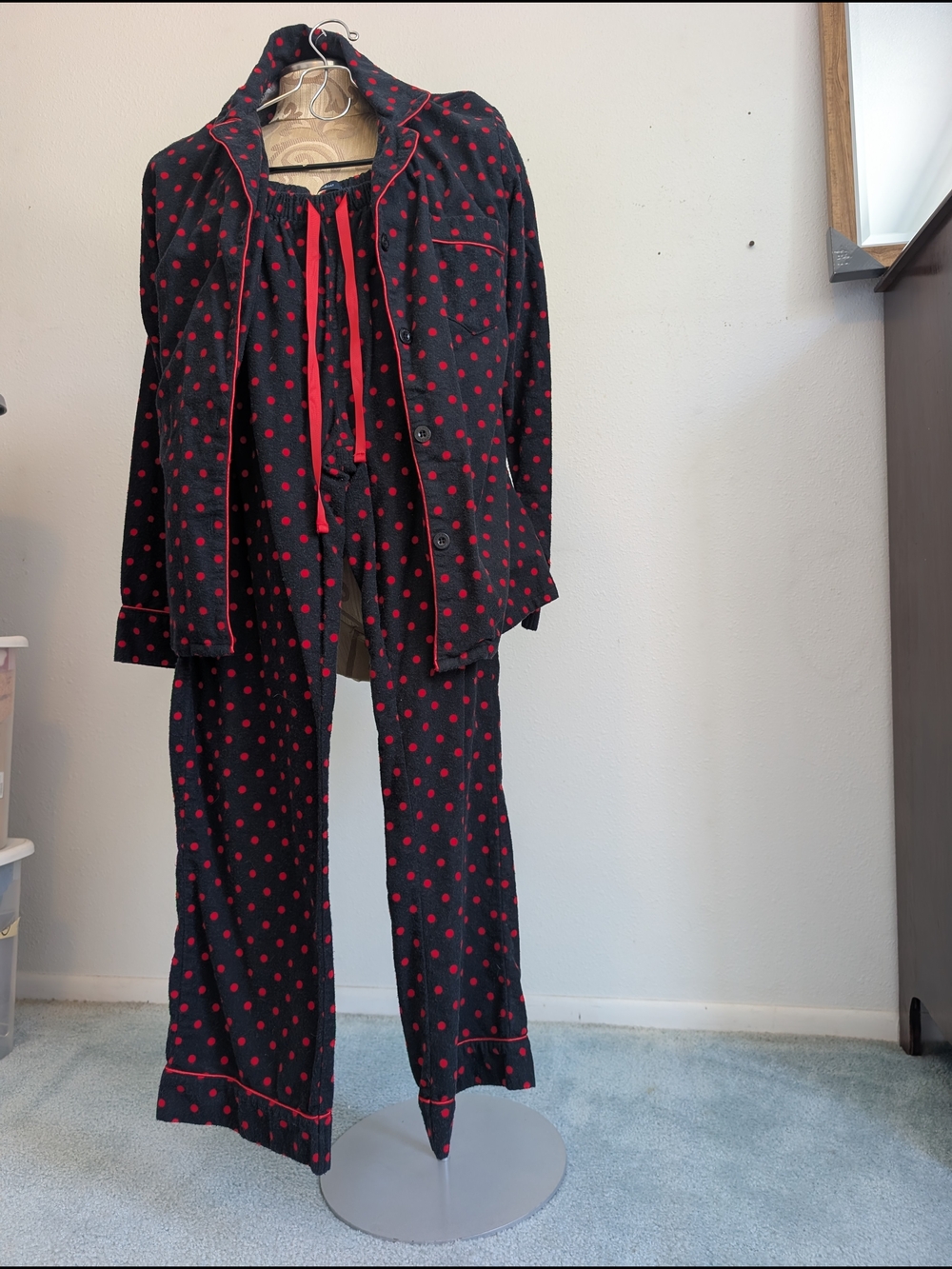 Twin Boat Black Pajama Set with Red Polka Dots